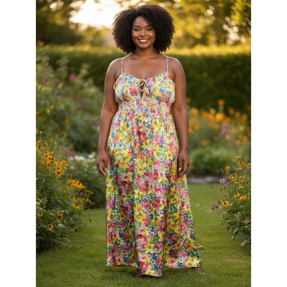 Astr Floral Tie-Front Maxi Dress in Yellow Pink Green